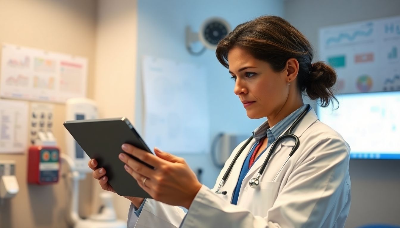 Doctor with tablet in a clinical environment.