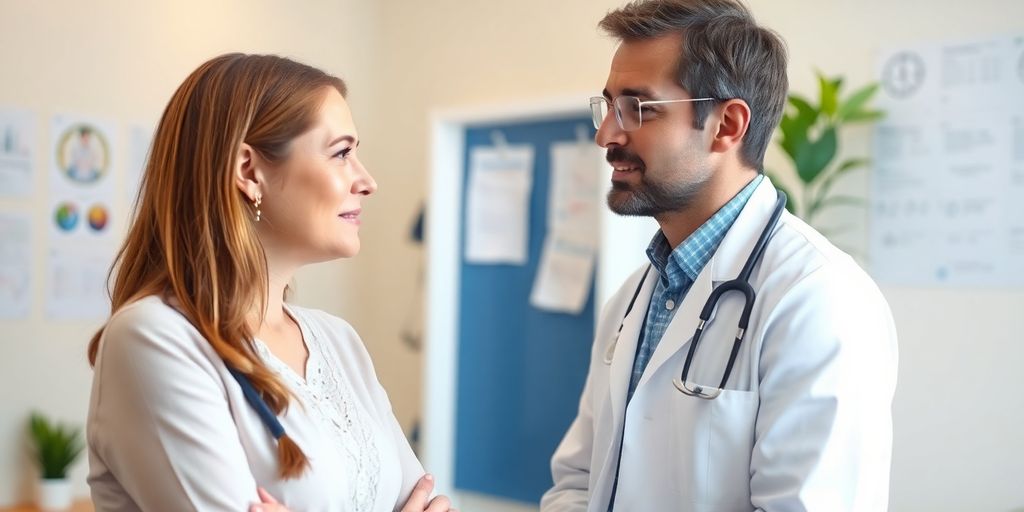 Behandlung von Migräne: Patient und Arzt in einer hellen Arztpraxis.