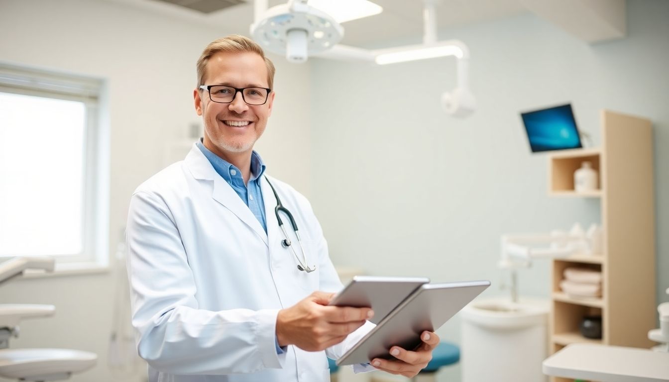 Psychologische Aspekte von Parodontitis: Dentist with tablet in bright dental office setting.