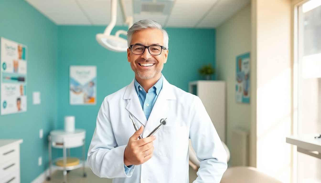 Parodontitis und Herz-Kreislauf-Erkrankungen: Smiling dentist in a modern dental office.