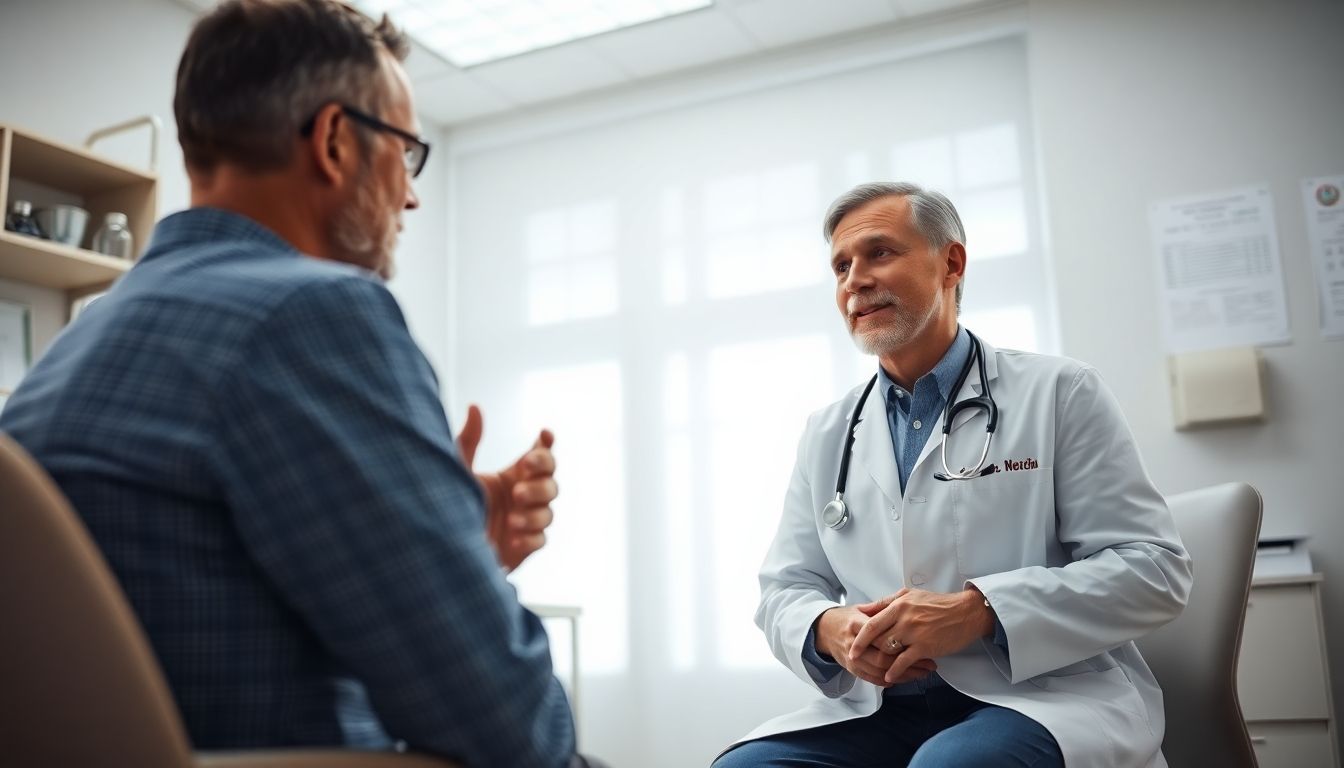 Ergotherapie für Parkinson Patienten: Doctor and patient in a bright medical office.