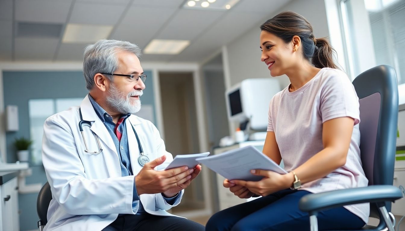 paroxysmale nächtliche Hämoglobinurie: Doctor and patient in a bright clinic discussing health.