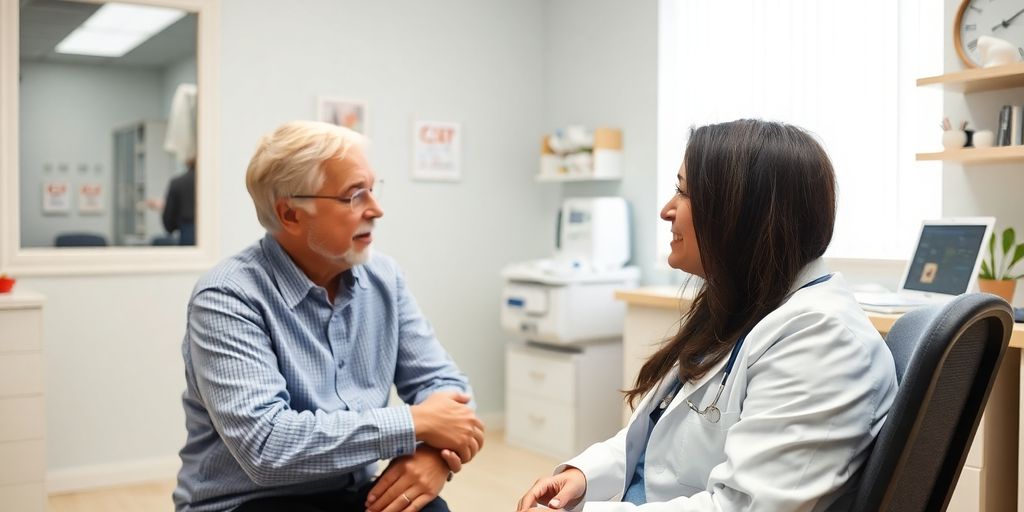 paroxysmale nächtliche Hämoglobinurie: Patient und Arzt im hellen medizinischen Praktikum.