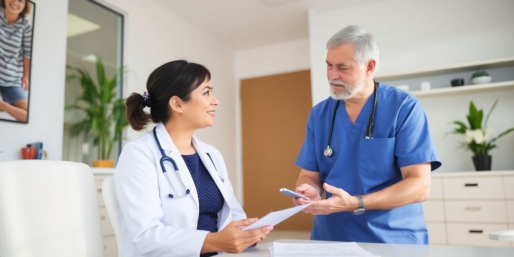 Niereninsuffizienz: Patient und Arzt im hellen medizinischen Raum.