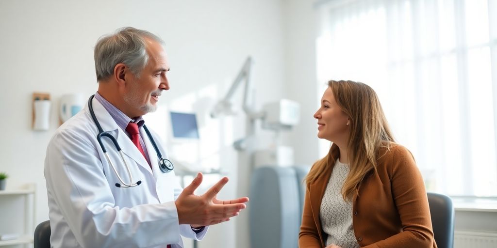 Epidemiologie des Marburg Fiebers: Patient und Arzt in einer hellen Arztpraxis.