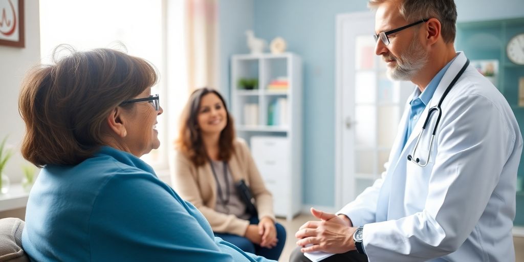 Mitralinsuffizienz: Patient und Arzt im hellen medizinischen Umfeld.