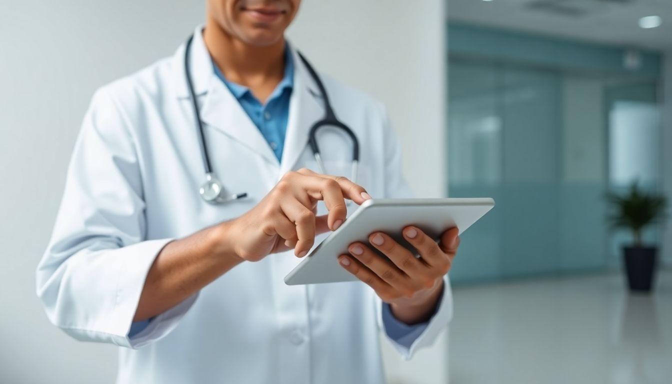 Doctor using a tablet in a bright medical environment.