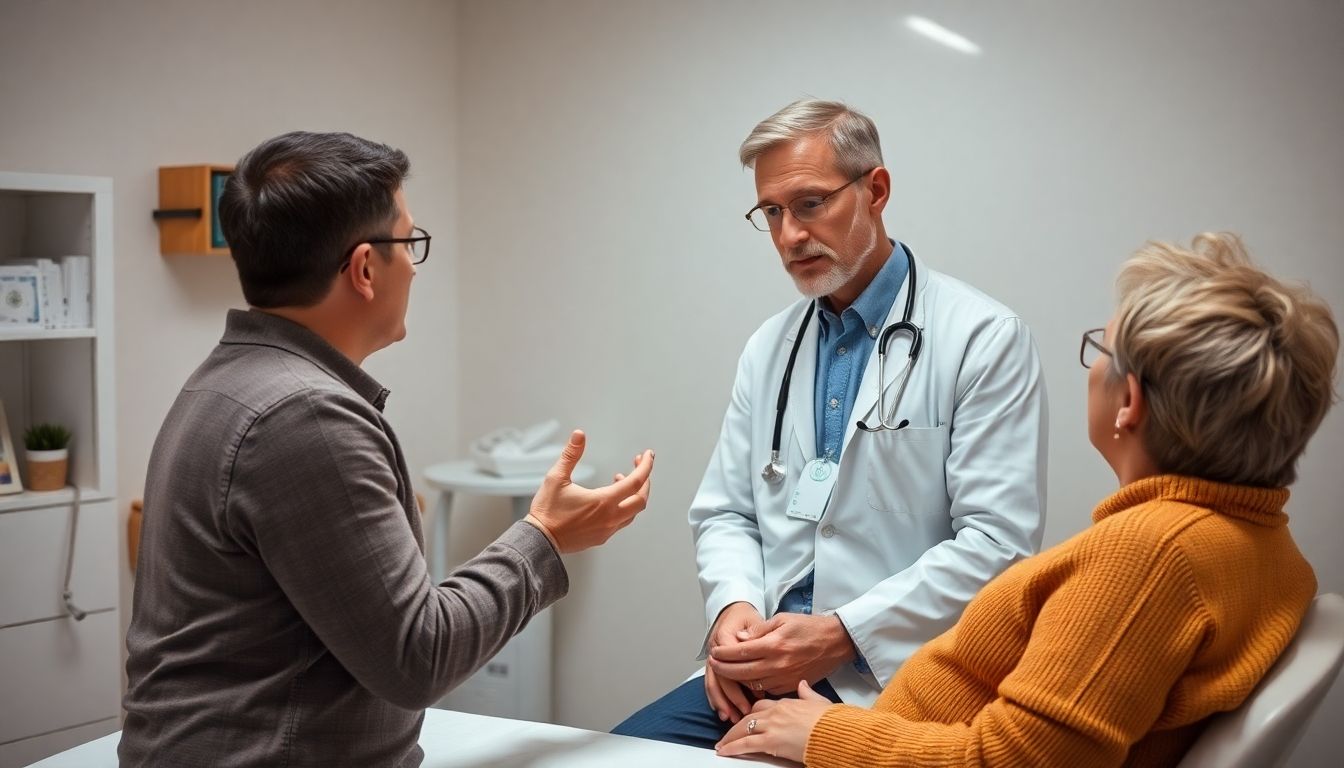 Arzt und Patient besprechen Zehennagelproblem in heller Praxis.