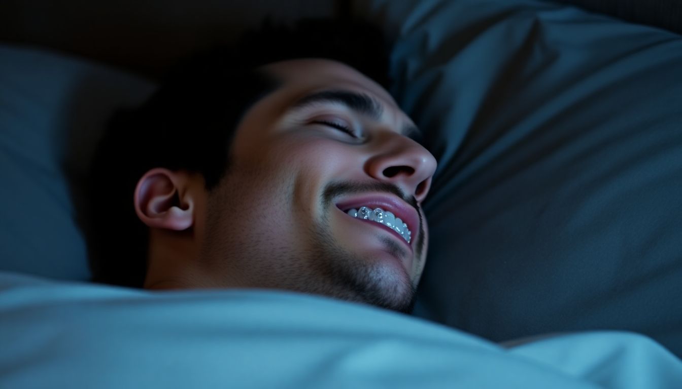 Man sleeping peacefully in bed with a Schnarcherschiene.