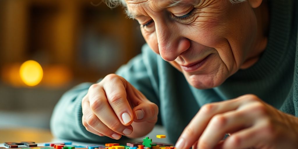 Kognitives Training: Ältere Person lächelt und löst ein Puzzle