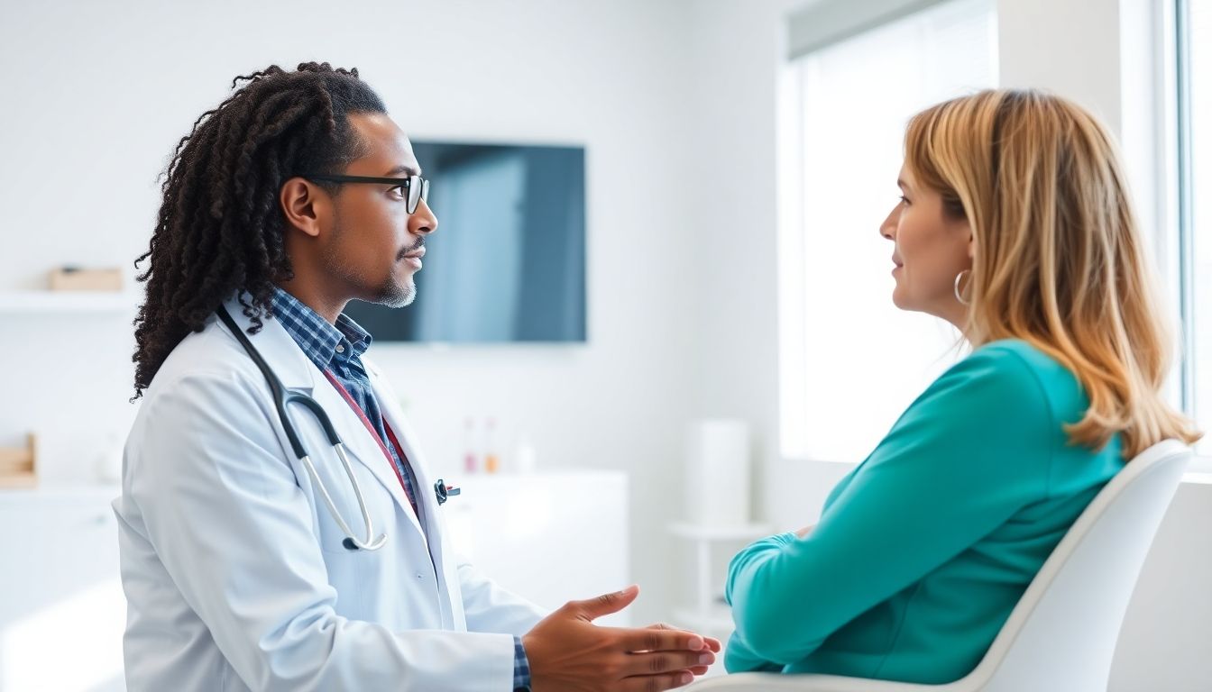 Norovirus und ältere Menschen: Doctor consulting with a patient in a bright office.
