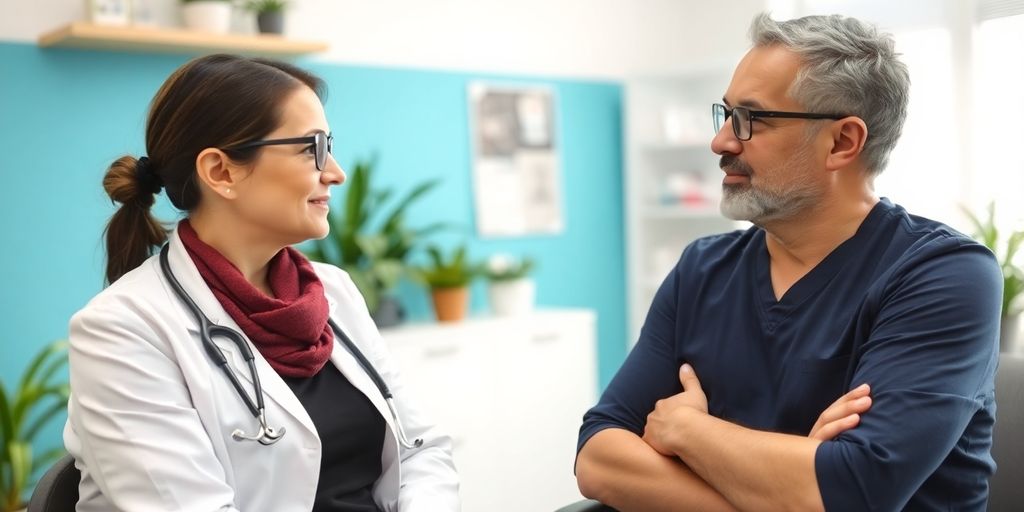 Patient und Arzt besprechen Neurodermitis Behandlung in einer Praxis.