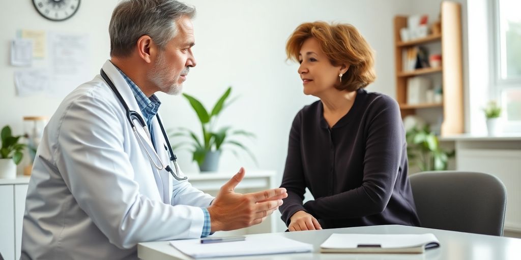 Restriktive Kardiomyopathie: Patient und Arzt in einer hellen Arztpraxis.