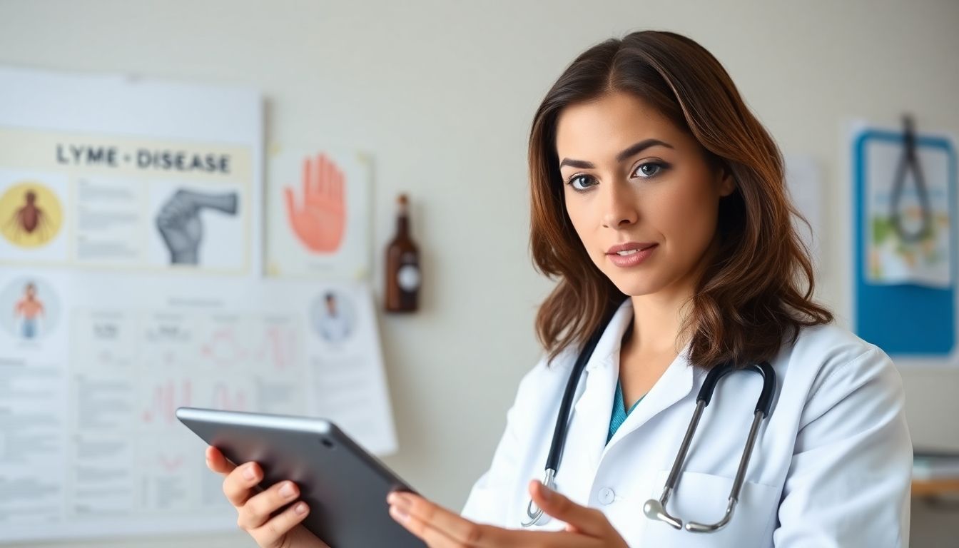 Doctor with tablet discussing Lyme disease treatment.