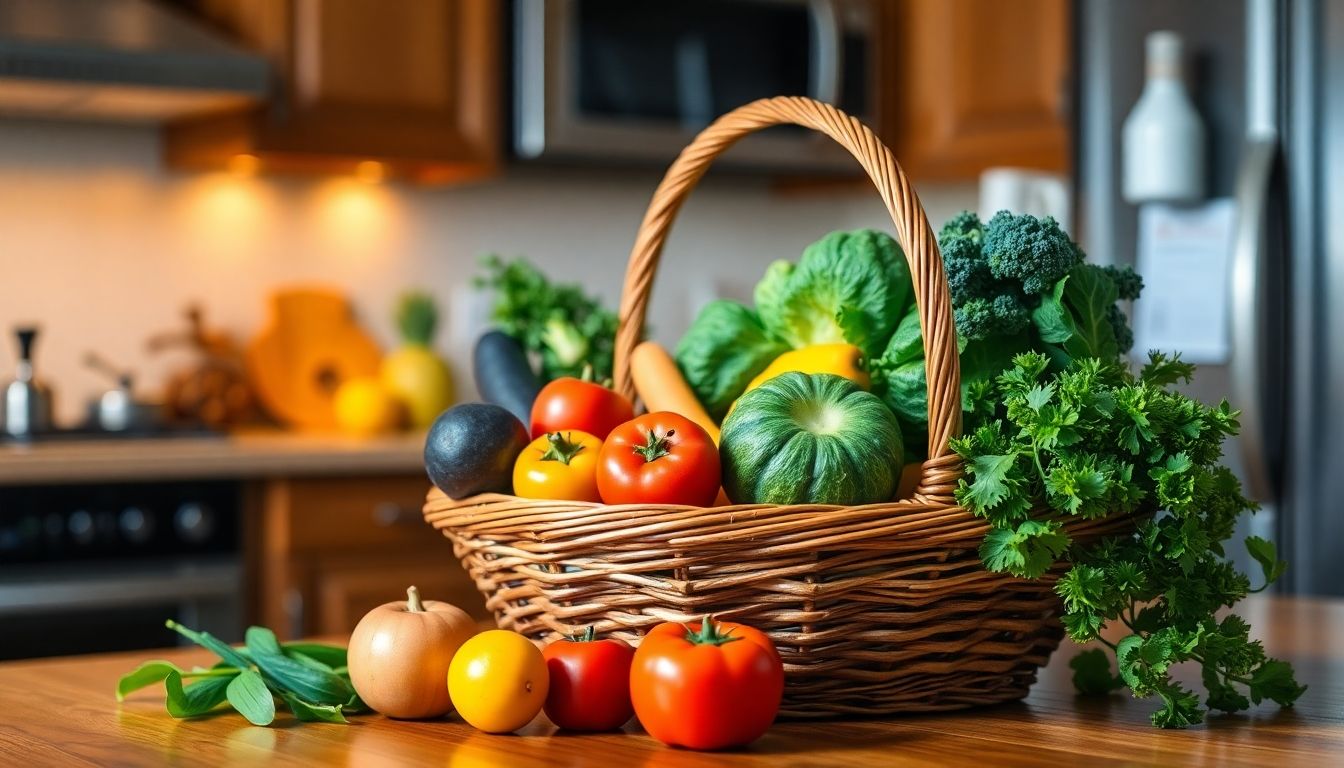 Ohrenschmalzpfropf und Ernährung: A basket of fresh fruits and vegetables in a kitchen.