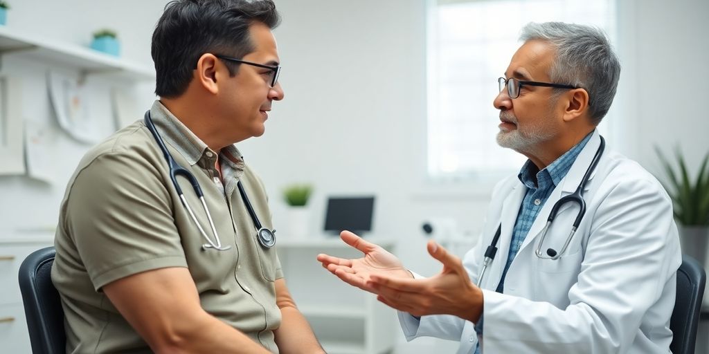 Prävention von Peritonitis: Patient und Arzt in einer hellen Arztpraxis.