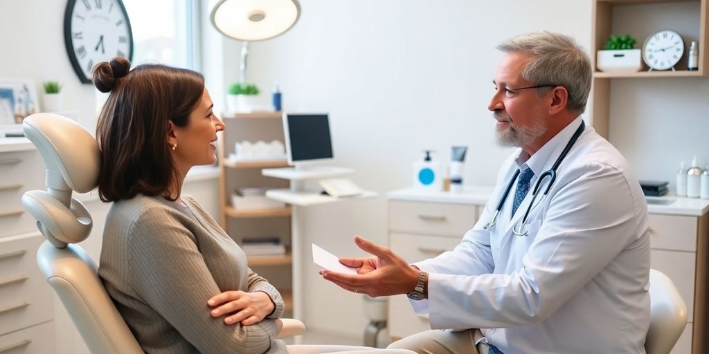 Rosacea und Kosmetik: Patient und Arzt in heller medizinischer Praxis.