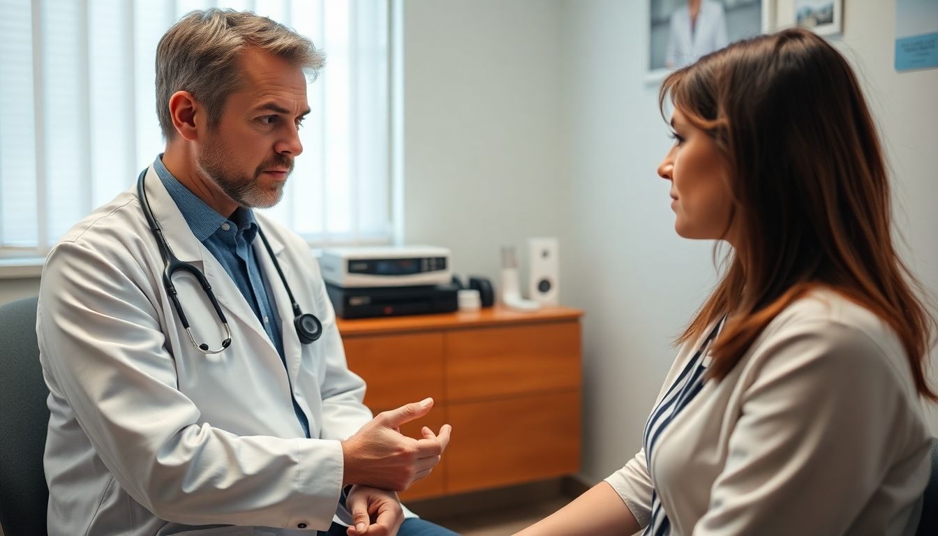 Diagnose von ulcus molle: Doctor discussing symptoms with a patient in a clinic.