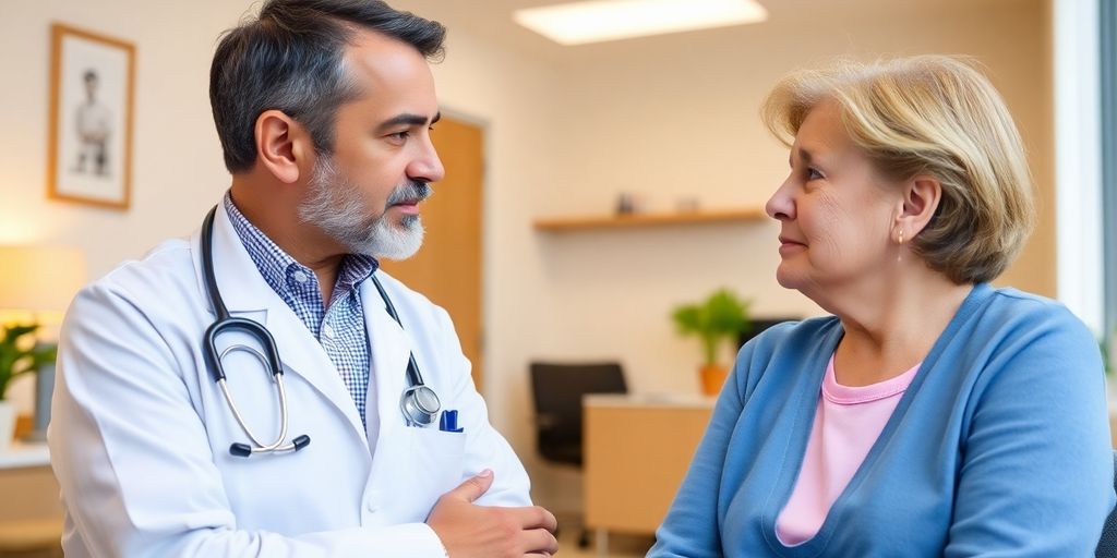 Risikofaktoren für Perikarditis: Patient und Arzt im hellen medizinischen Raum.