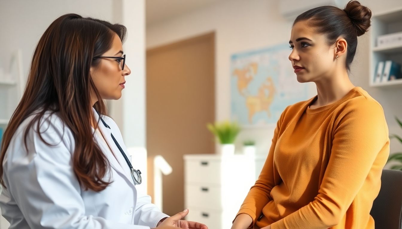 Myome: Doctor and patient discussing myoma symptoms in bright office.