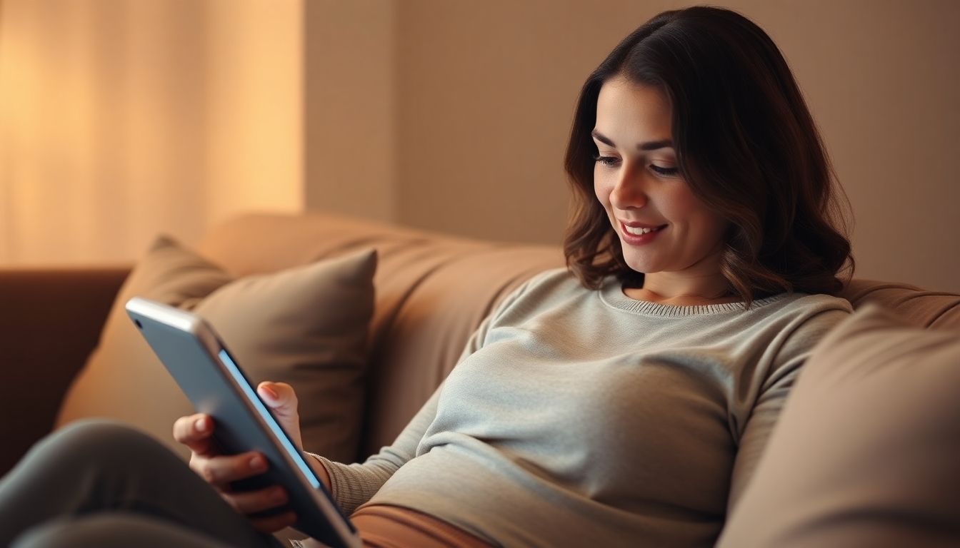 Chirurgische Optionen für Myome: Woman using a tablet to learn about myomas.