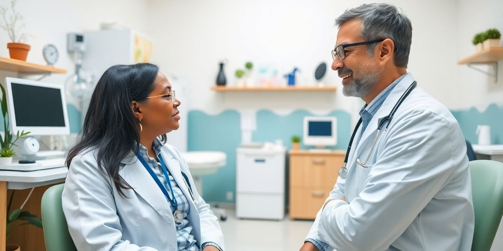 Psychologische Auswirkungen von Myomen: Patient und Arzt in einer hellen Praxis