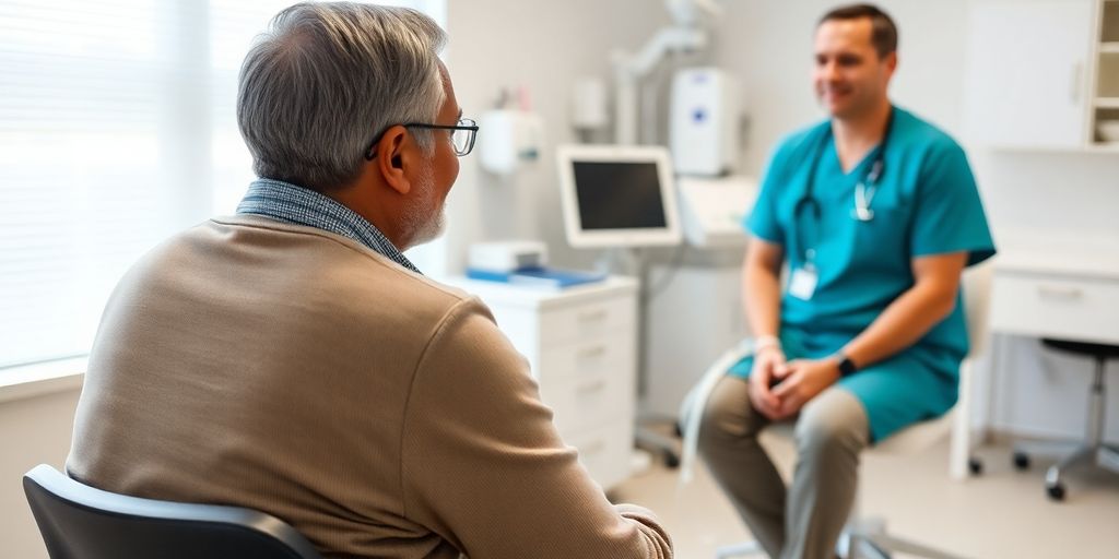 Diagnoseverfahren bei Pankreatitis: Patient und Arzt in einer hellen Arztpraxis.