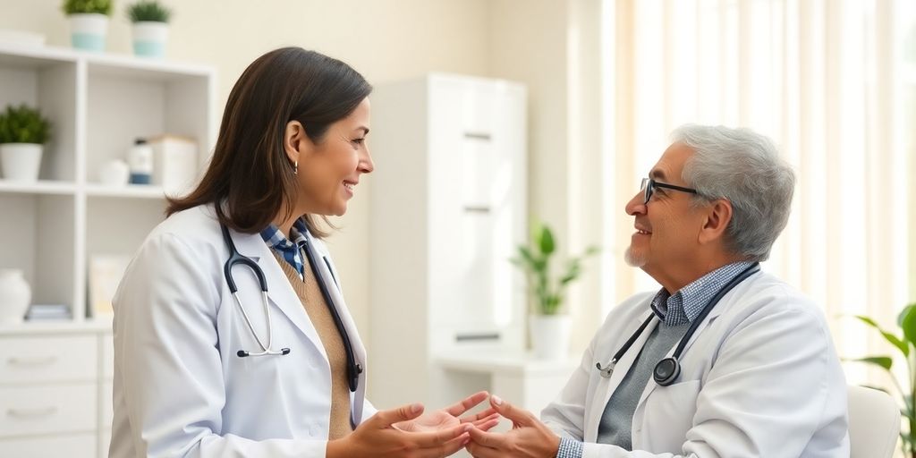 Patient und Arzt sprechen über Ernährung bei Pankreatitis.