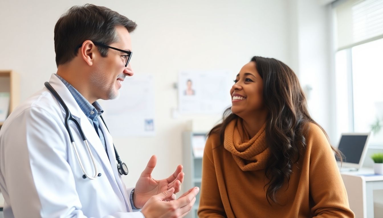 Ursachen und Risikofaktoren: Doctor and patient in a bright medical office.
