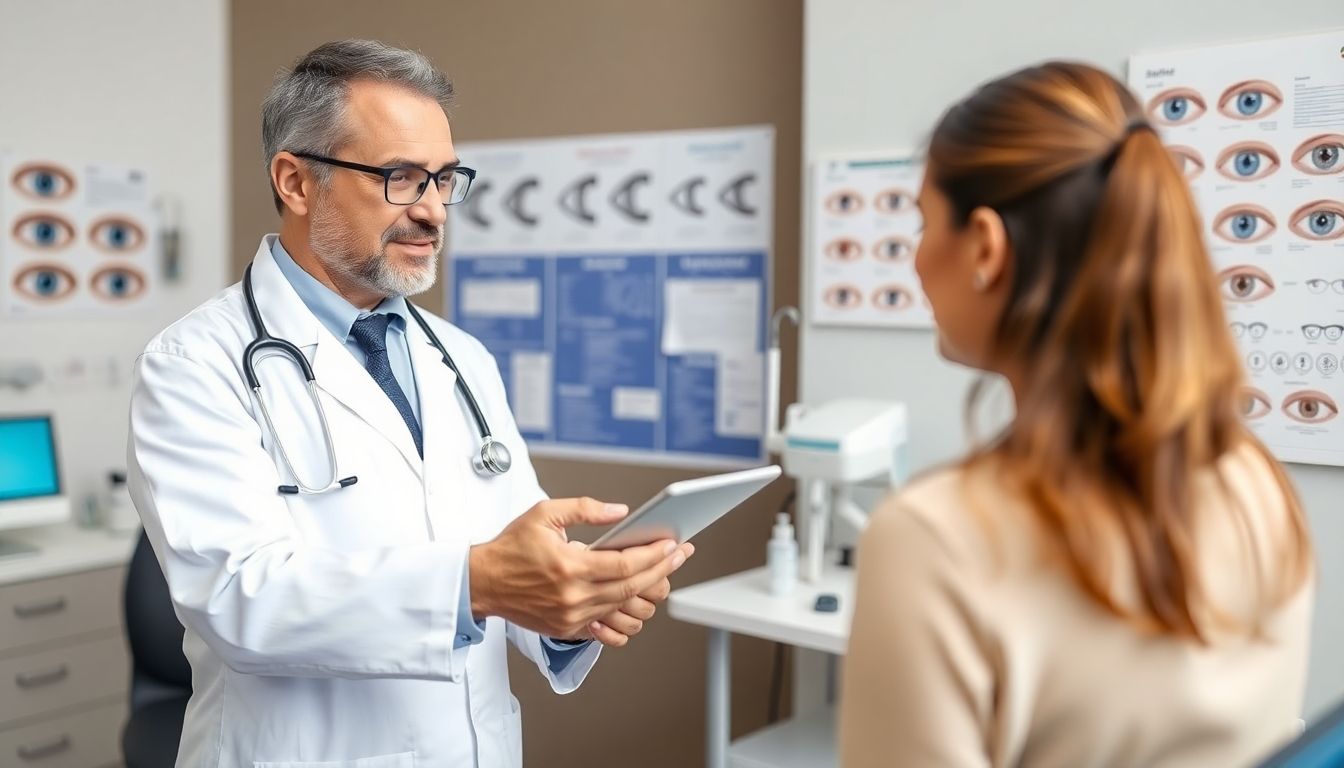 Keratoconjunctivitis: Doctor consulting with a patient about eye health.