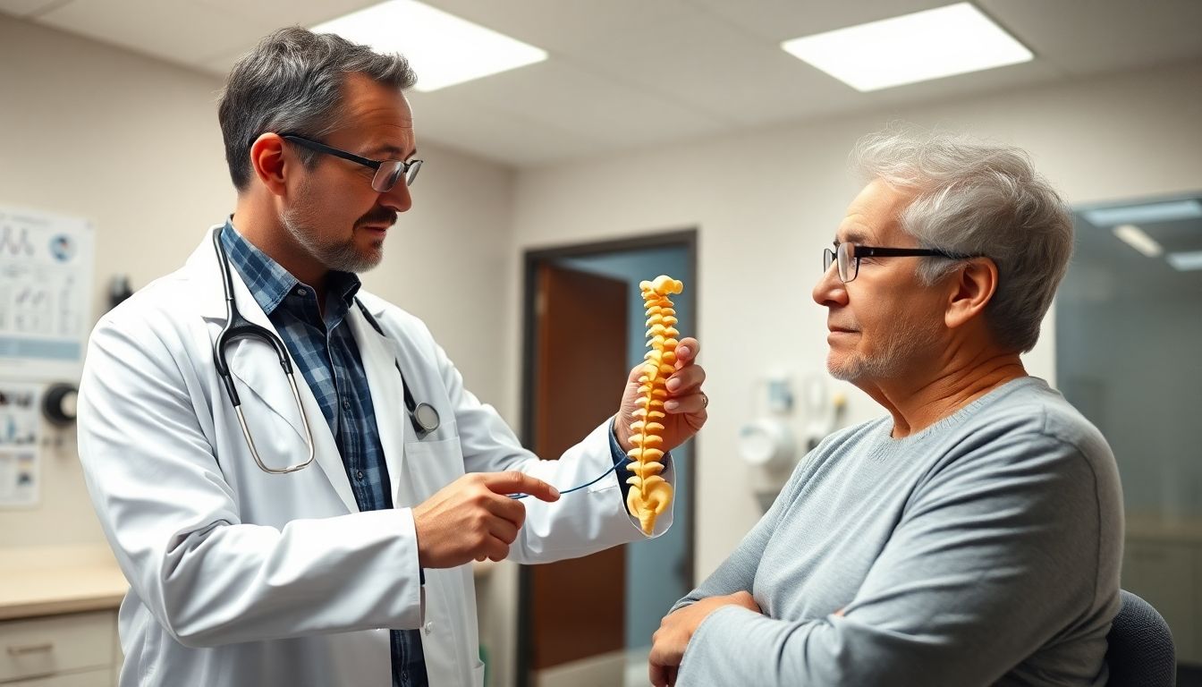 Osteochondrose: Doctor and patient in a bright medical office discussing treatment.
