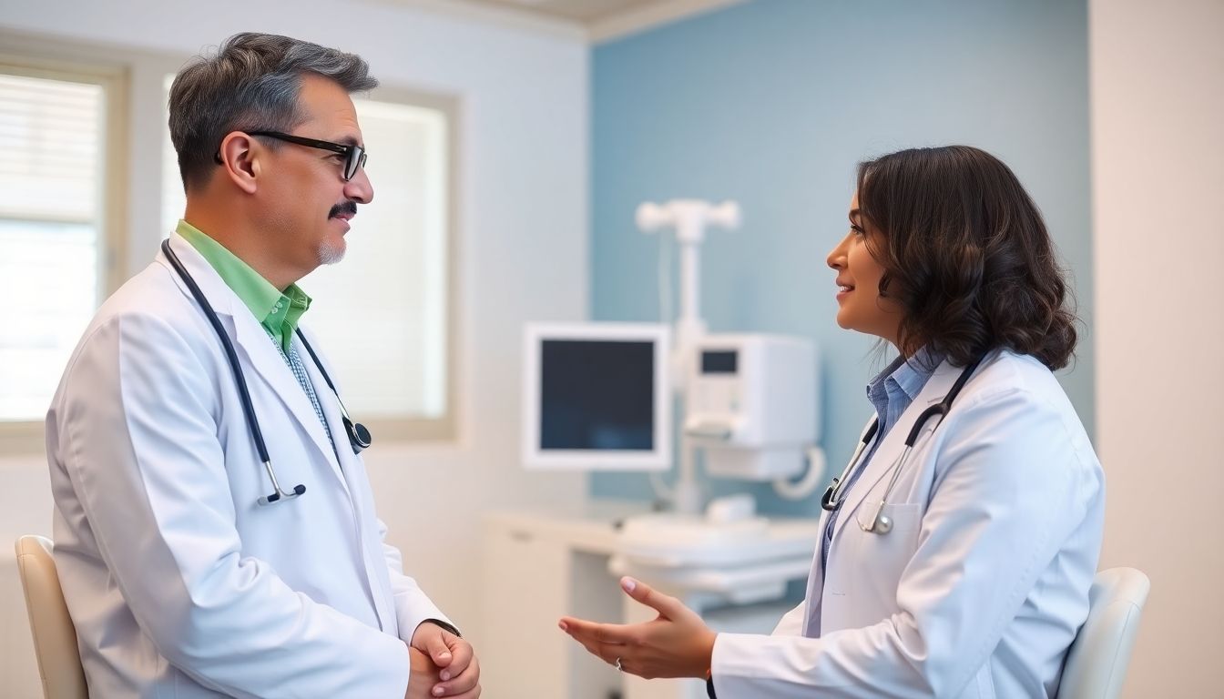 Ursachen von Meningitis: Doctor and patient in a bright medical office discussing health.