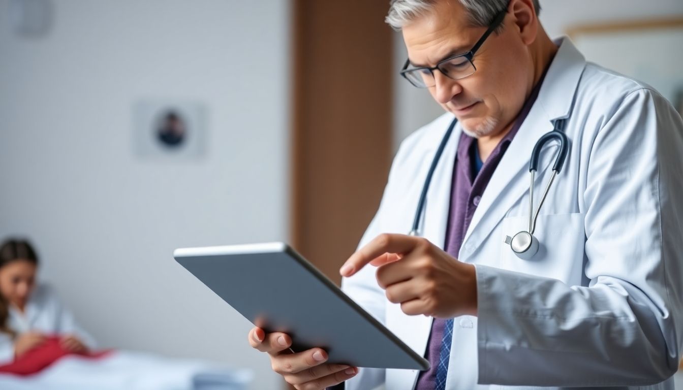 Meningitis: Doctor with tablet in a clinical environment.
