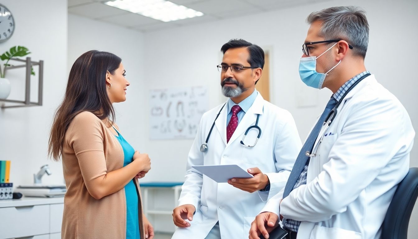 Trichinose und Ernährung: Doctor consulting with a patient in a bright office.