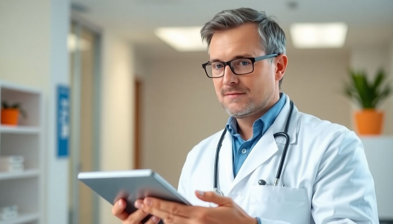 Windpocken und das Immunsystem: Doctor with a tablet in a bright medical setting.
