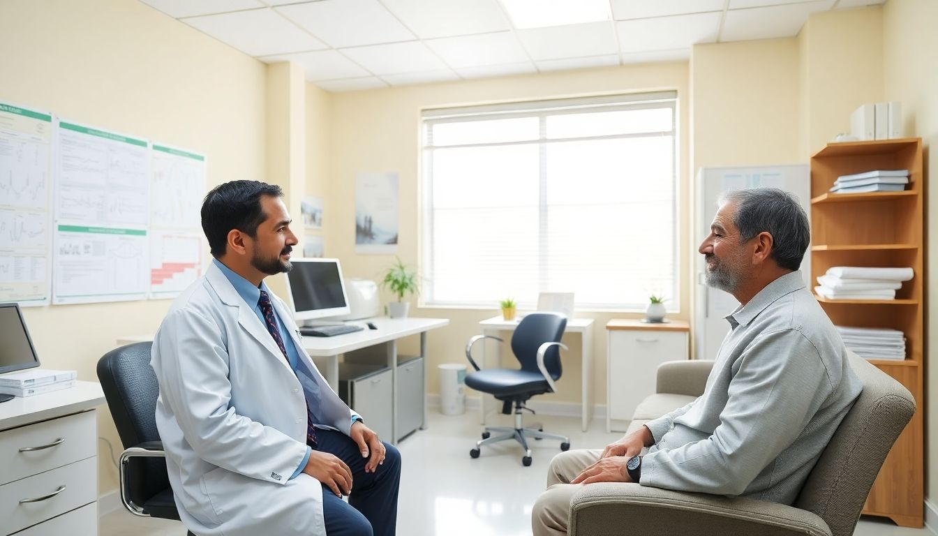 Diagnose der Lambliasis: Doctor consulting in a bright medical office.