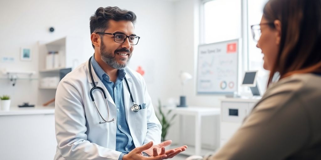 Silikose und alternative Heilmethoden: Patient und Arzt in einer hellen Arztpraxis.