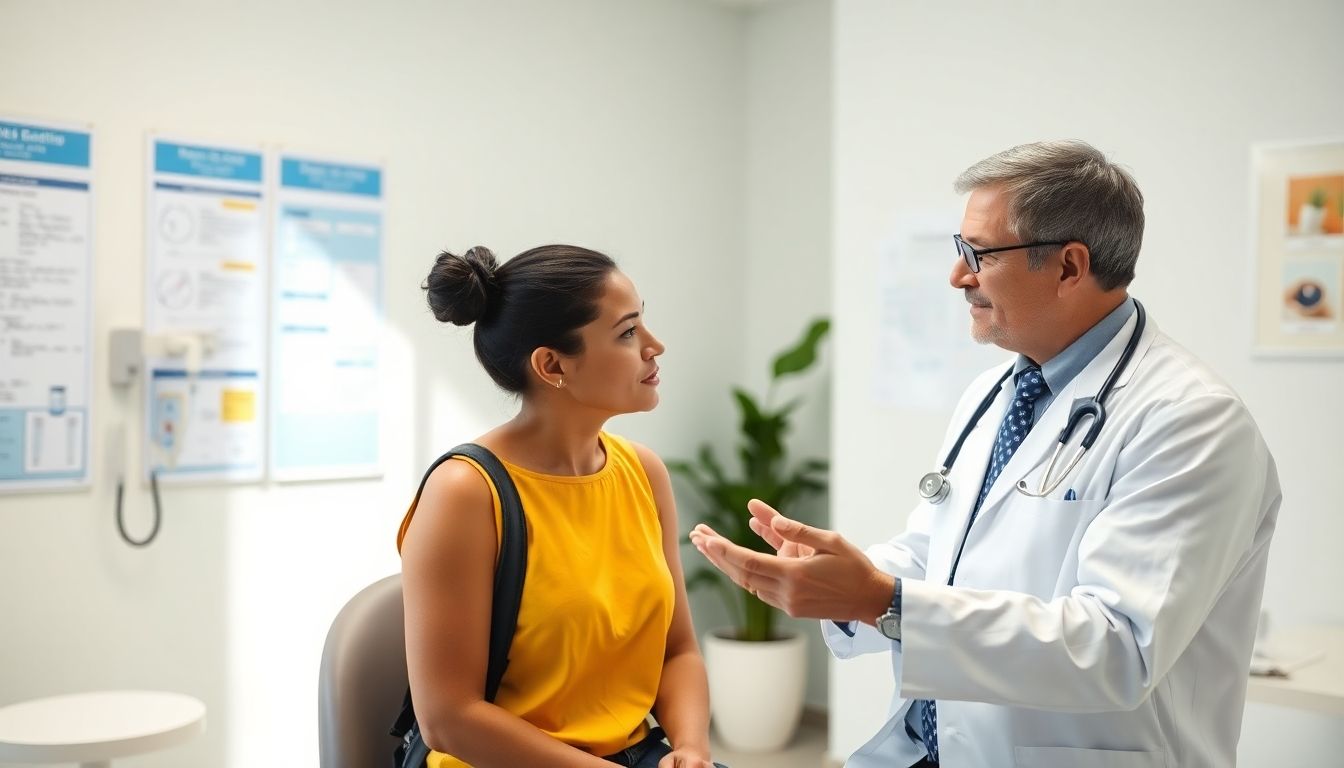 Prävention von Photodermatitis. Doctor and patient consultation in a bright clinic.