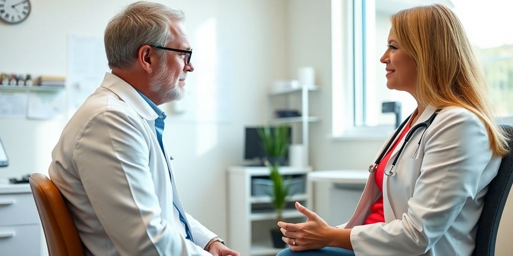 Psychologische Aspekte der Photodermatitis: Patient und Arzt im hellen medizinischen Raum.