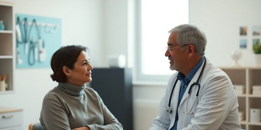 Plattenepithelkarzinom: Patient und Arzt im hellen medizinischen Raum.