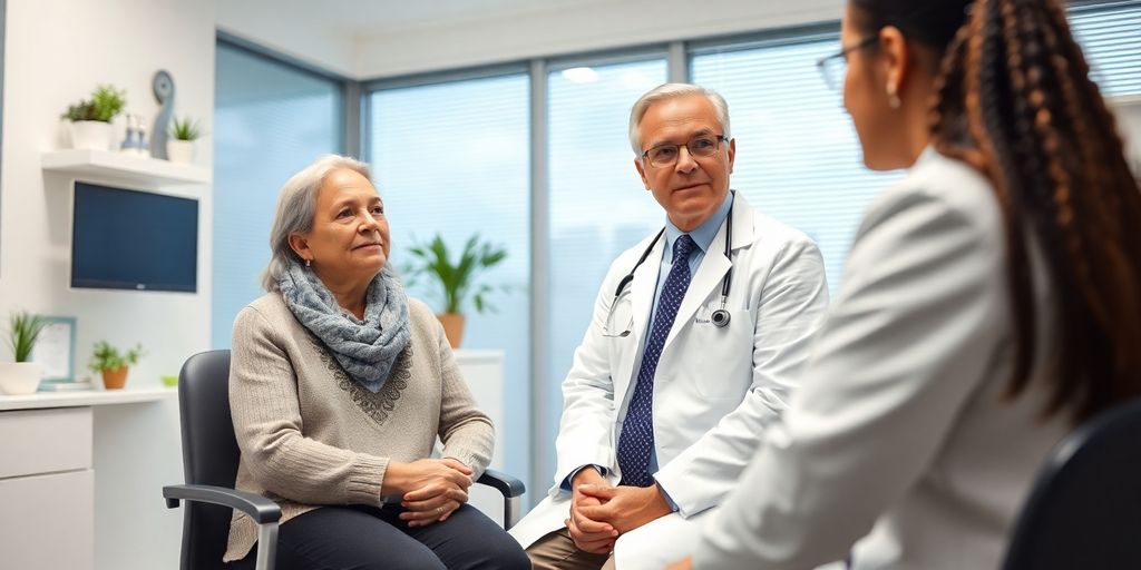 Ein Patient spricht mit einem Arzt in einer Praxis über das Diagnoseverfahren für Plattenepithelkarzinom