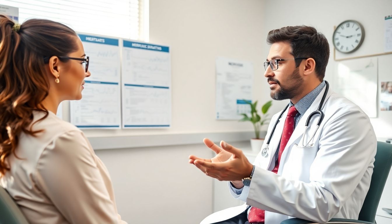 Doctor and patient discussing Ursachen der Seborrhoischen Dermatitis in clinic.