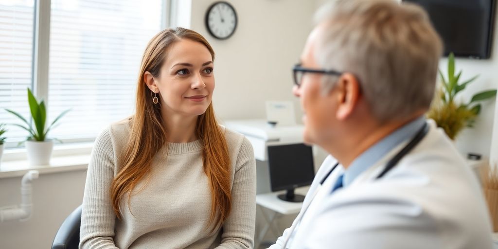 Ursachen der Seborrhoischen Dermatitis: Patient und Arzt in einer hellen Arztpraxis.