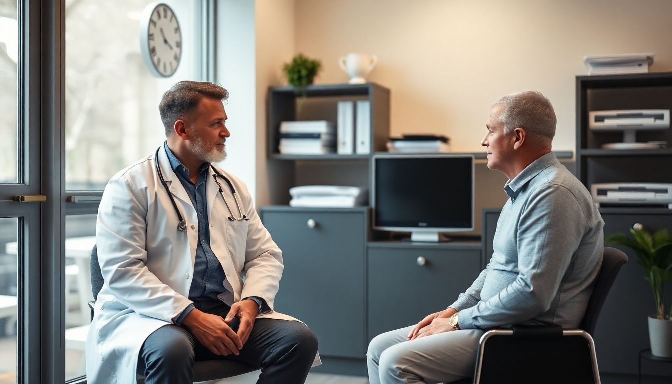 Urostoma: Arzt und Patient besprechen sich in einer hellen Praxis.