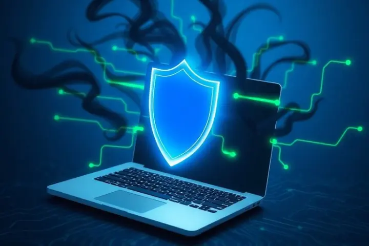 Schutzschild, Laptop, Hackerangriff, Cyberversicherung