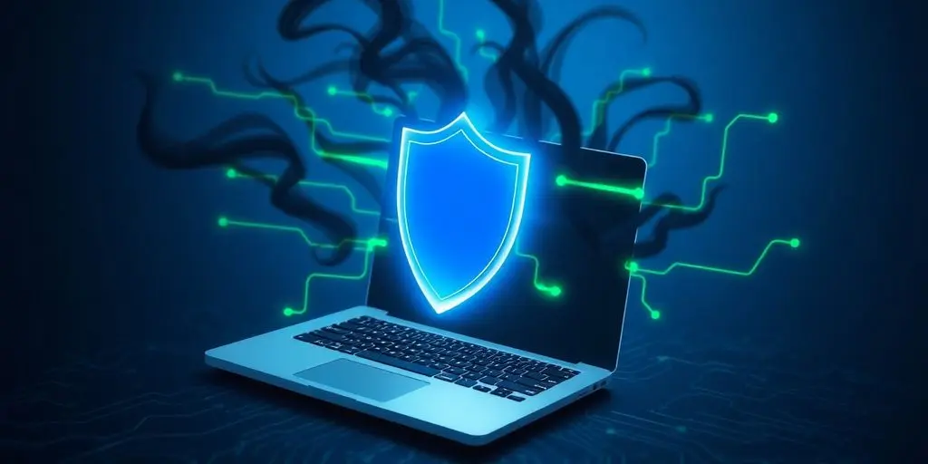 Schutzschild, Laptop, Hackerangriff, Cyberversicherung