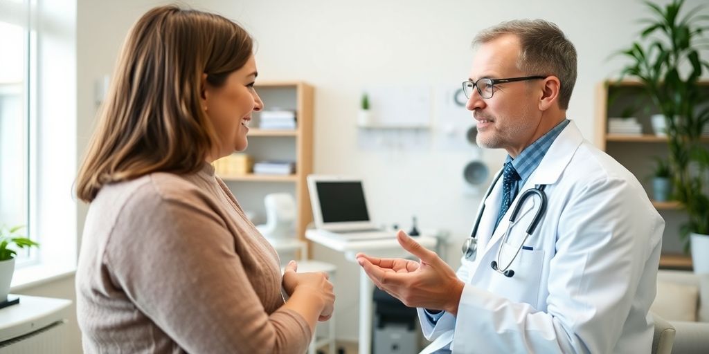 Rheuma und Sport: Patient und Arzt in einer hellen Arztpraxis.