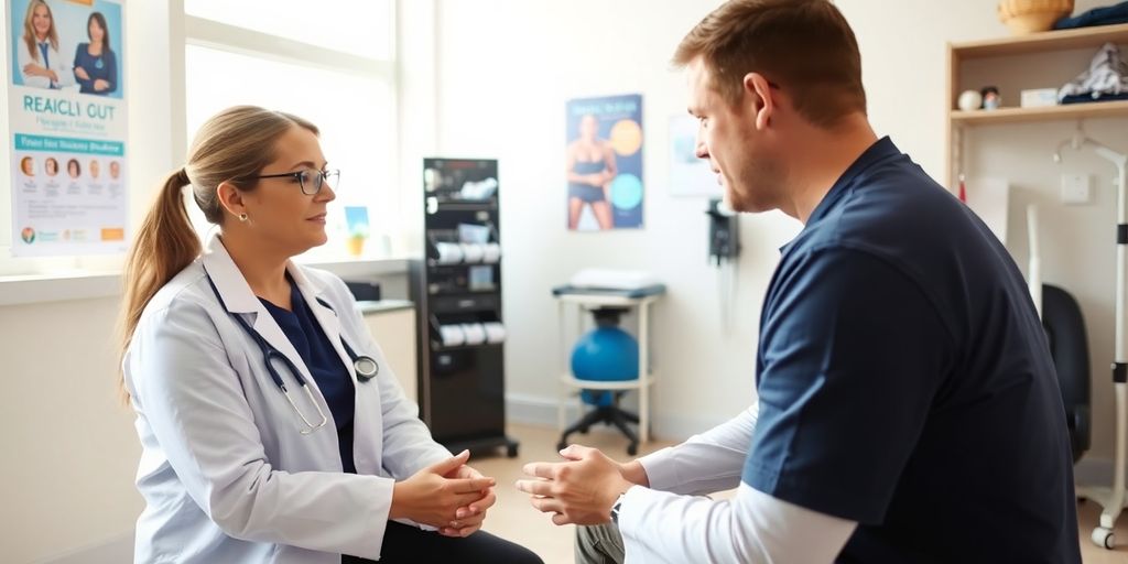 Rektusdiastase: Patient und Arzt in heller medizinischer Praxis