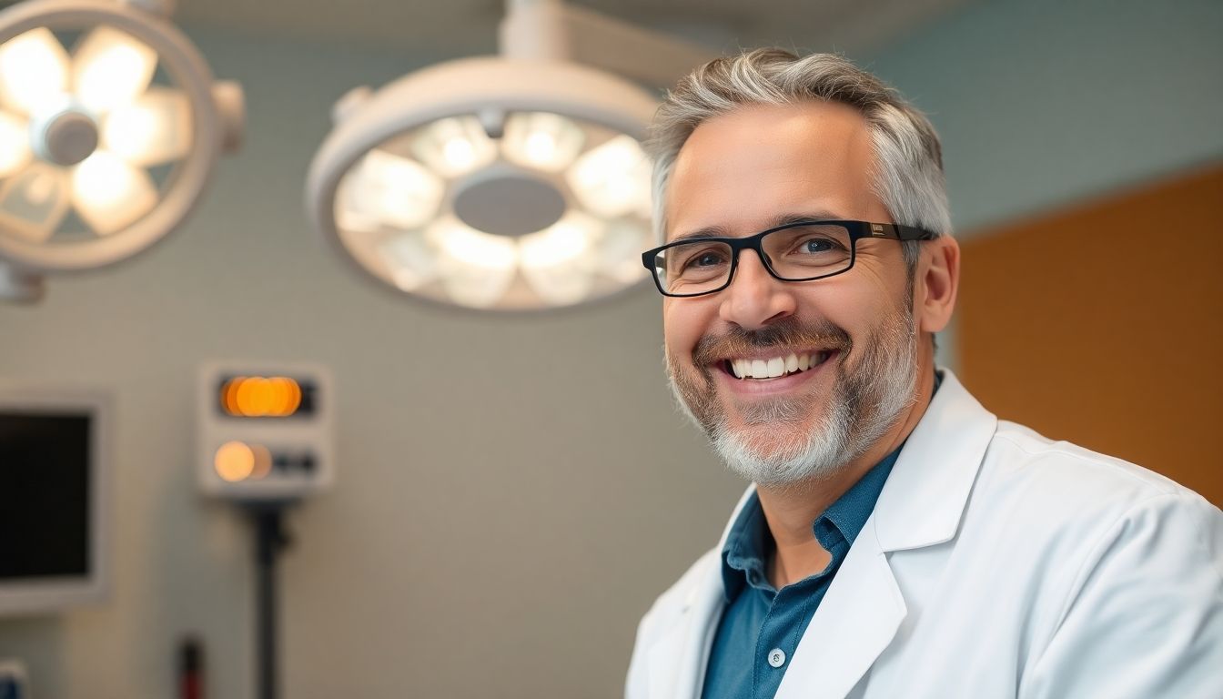 Ein freundlicher Arzt im Krankenhaus, der über eine erfolgreiche Fundoplicatio spricht.