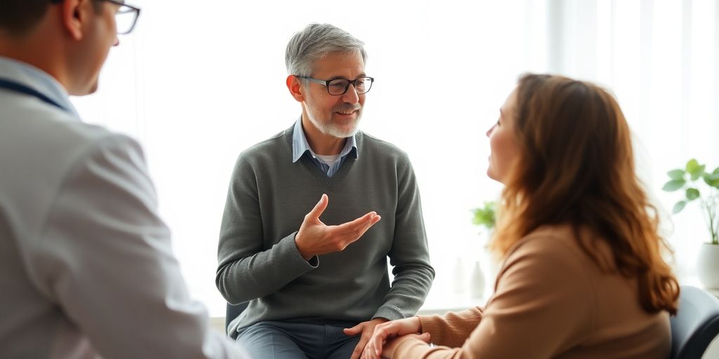 Patient und Arzt im hellen Behandlungsraum.